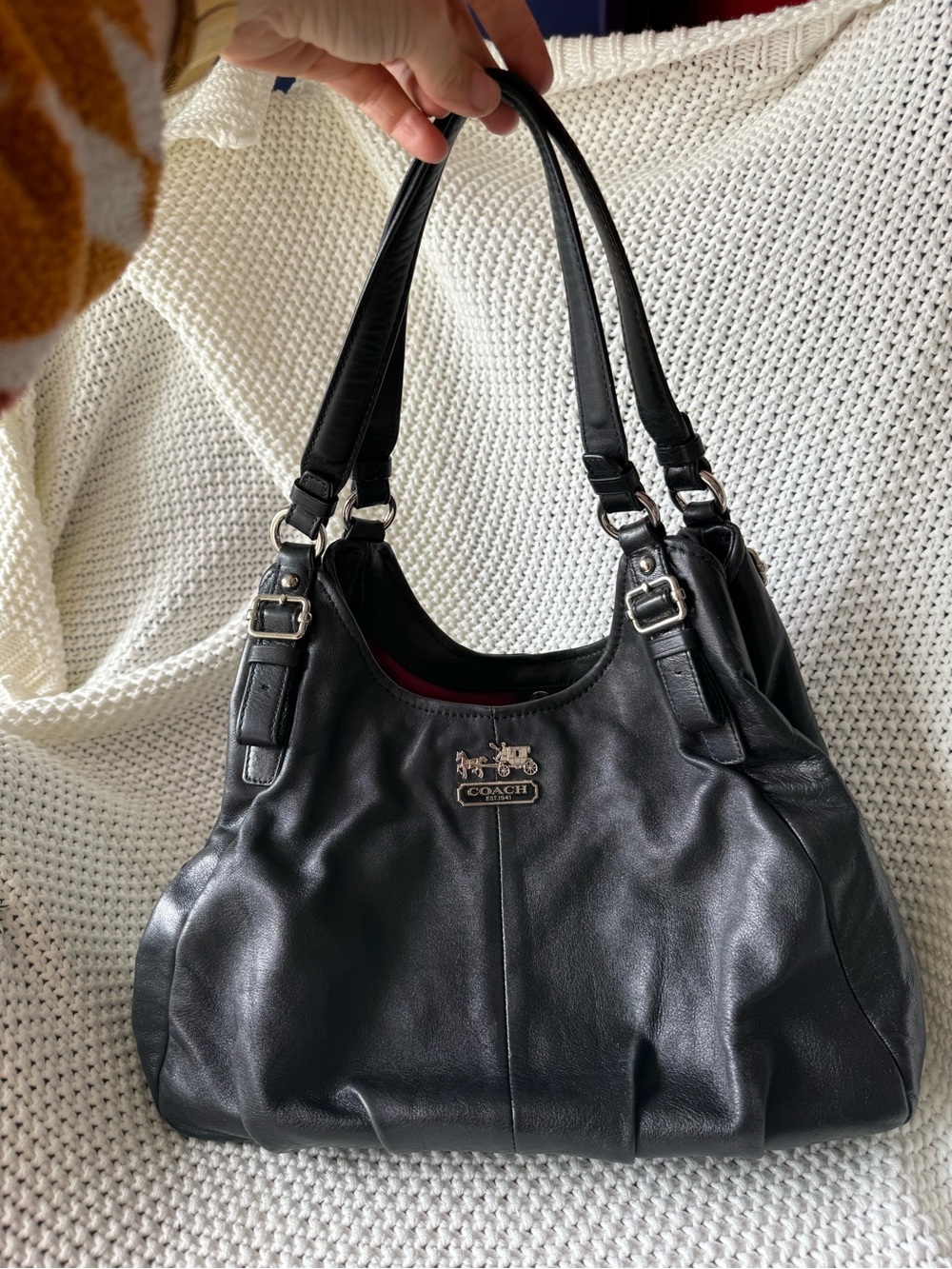 Coach Black Leather Shoulder Tote with Silver Hardware